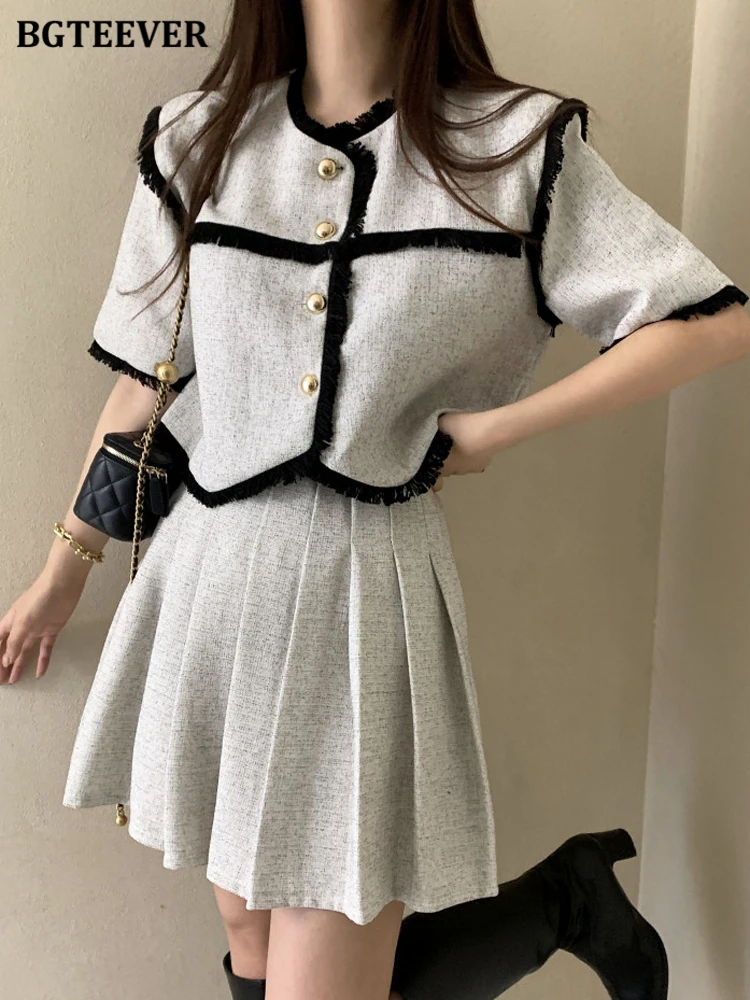 

BGTEEVER Summer Ladies Skirt Suits Short Sleeve Patchwork Single-breasted Blazer & Pleated Mini Skirt Elegant Women 2 Pieces Set