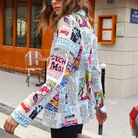 blazers newspapers pattern women indie aesthetic print single button suits black white woman oversize fashion loose blazers new
