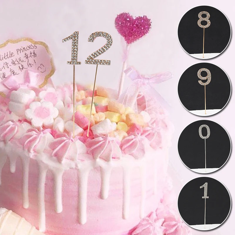 

Glitter Alloy Rhinestone Number Cakes Toppers Baby Shower Birthday Decoration Wedding Gold Silver Digital Cakes Dessert Decors
