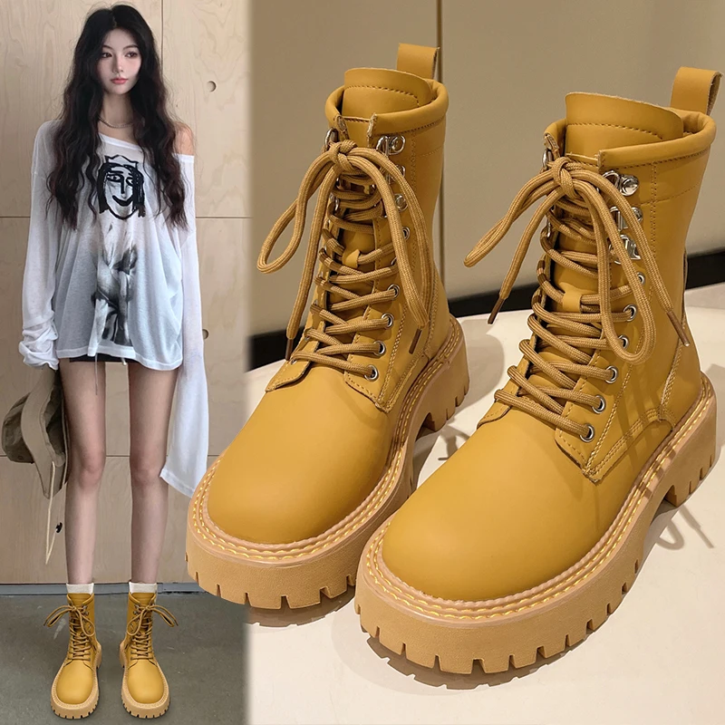 

Women's Boots Autumn Boots-Women Female Shoes Lace Up Round Toe Flat Heel 2022 Rubber Med Ankle Lolita Ladies Rock Summer