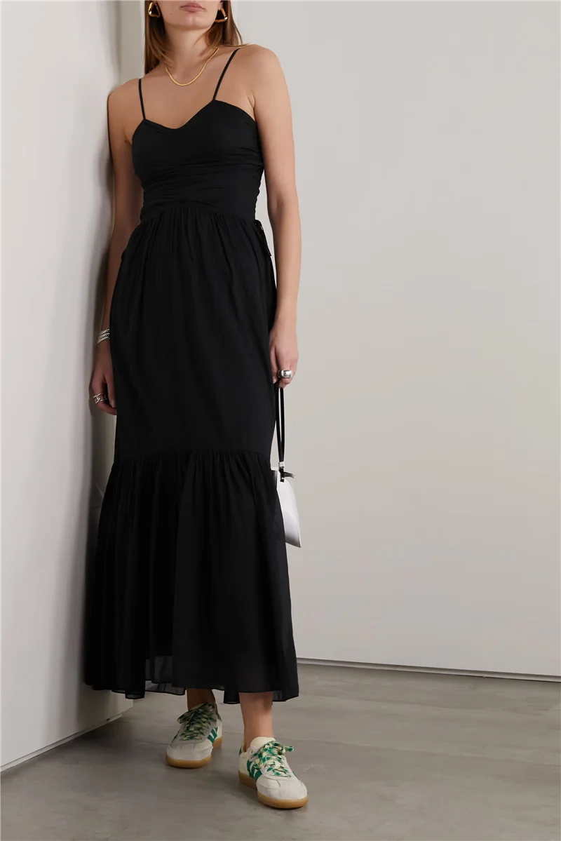 Women Strapless Sling Pleated High Waist Cotton Long Dress