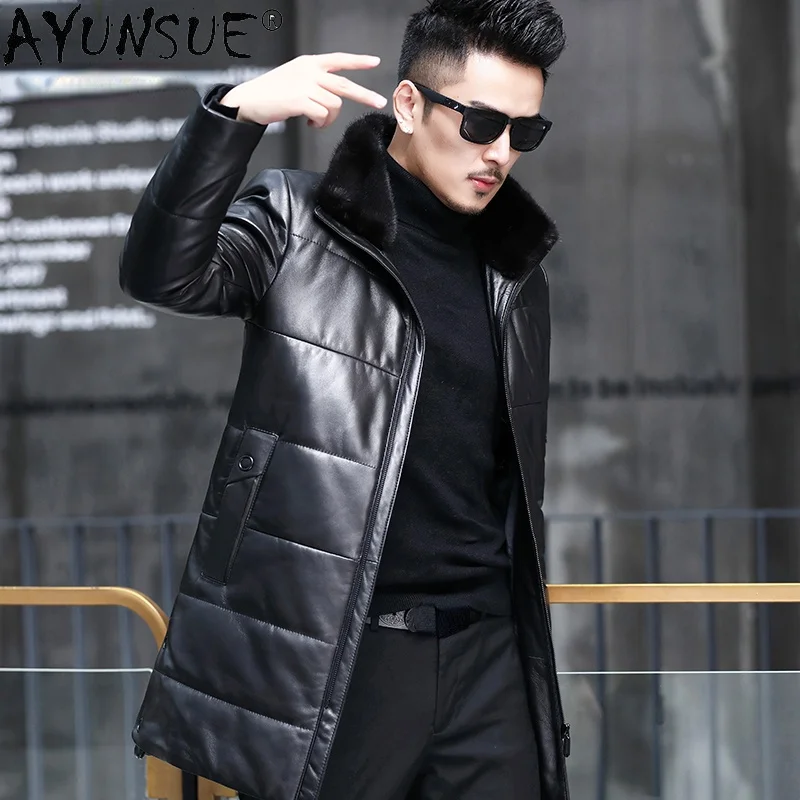 

100% Real Sheepskin Leather Jacket Men Warm Mink Fur Collar Coat Male Midi Black Cotton Jackets Chaquetas Hombre SQQ756