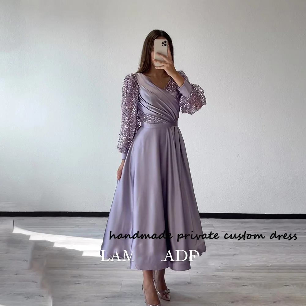 

Lavender A Line Saudi Arabic Evening Dresses Sequins Long Sleeve Pleats Satin Wedding Party Dress Tea Length Formal Prom Gowns