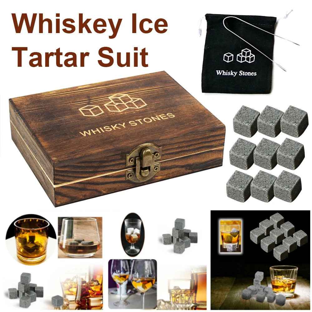 

Whiskey Stones Gift Set - 9 Granite Chilling Stones Whisky Rocks - Reusable Ice Cubes - Best Drinking Gift Bar Supplies Tools