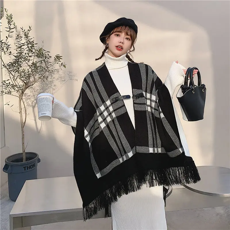

Woman Plaid Print Tassel Linen Ponchos and Capes Coats Female Casual Knitted Shawl Cloak Tops Ladies Wild Thick Warm Shawl G398