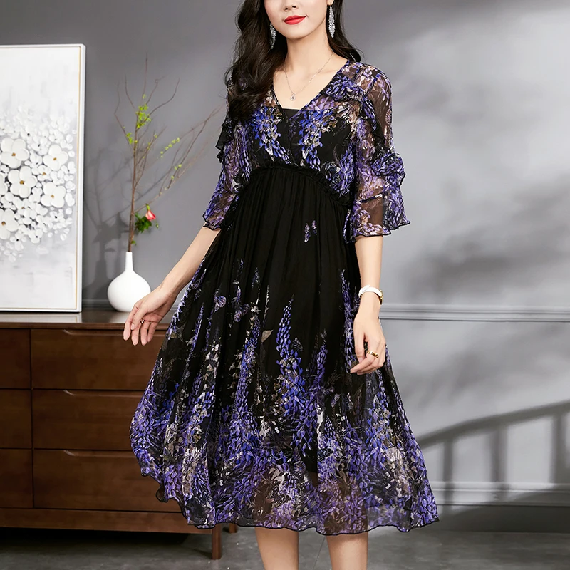 

Женское винтажное платье из натурального шелка, Элегантное Длинное Платье с V-образным вырезом и высокой талией, комплект из двух предметов,...