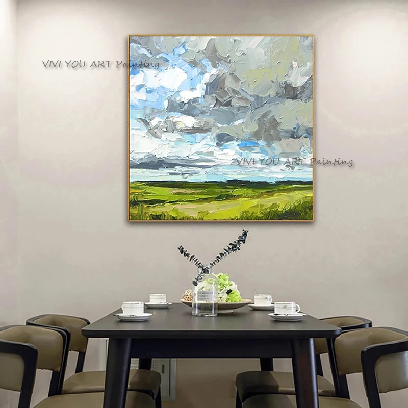 

Blue Sky Hand Made Green Oil Painting Canvas Acrylic Country Wall Hand-painted Grass Quadros Decoracion For Living Room Gifts