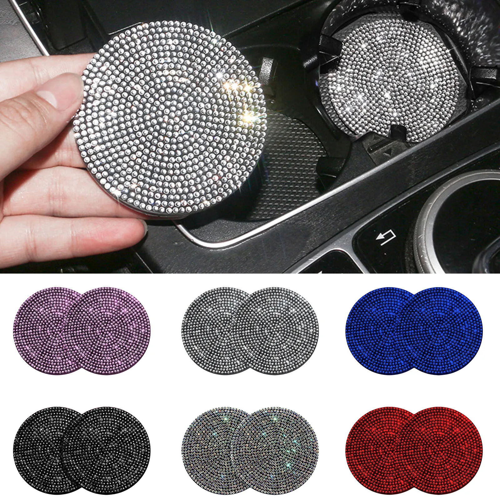 

2pcs Non-slip Car Water Cup Pad Diamond Rhinestone Rubber Mat For Bottle Holder Coaster Auto Interior Anti-skid Cup Holders 7cm