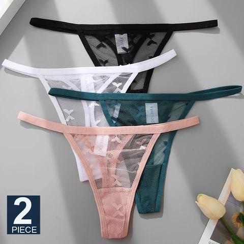 FINETOO 2PCS/Set Women Sexy Lace Floral G-String Panties Femme Underwear Lingerie Transparent Pantys S-XL Women's Mesh Thongs