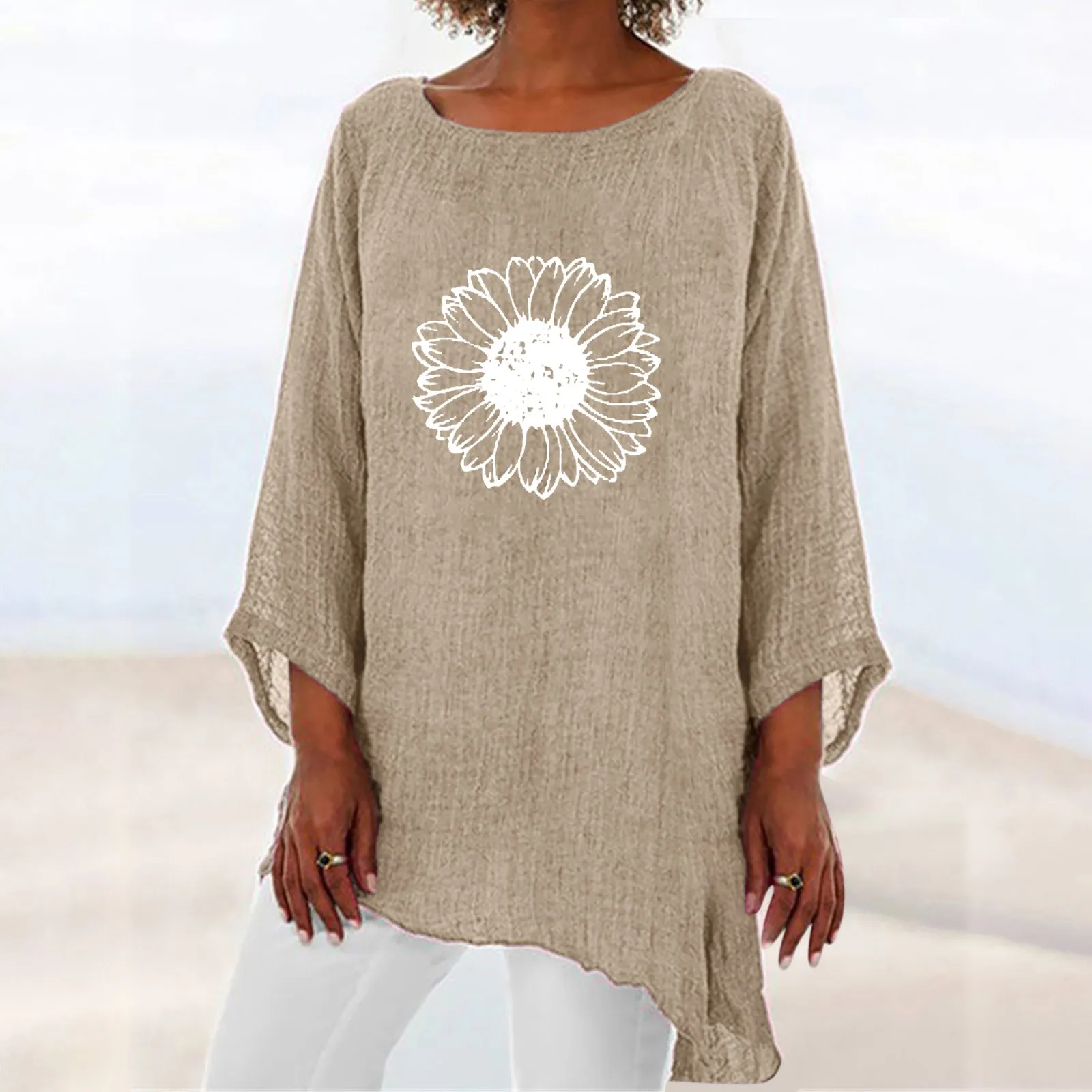 

Womens 3 Of 4 Sleeve Crew Neck Irregular Hem Top T Shirt Casual Linen Blend Shirts Tee Blouse Comfortable Workout Shirts Women