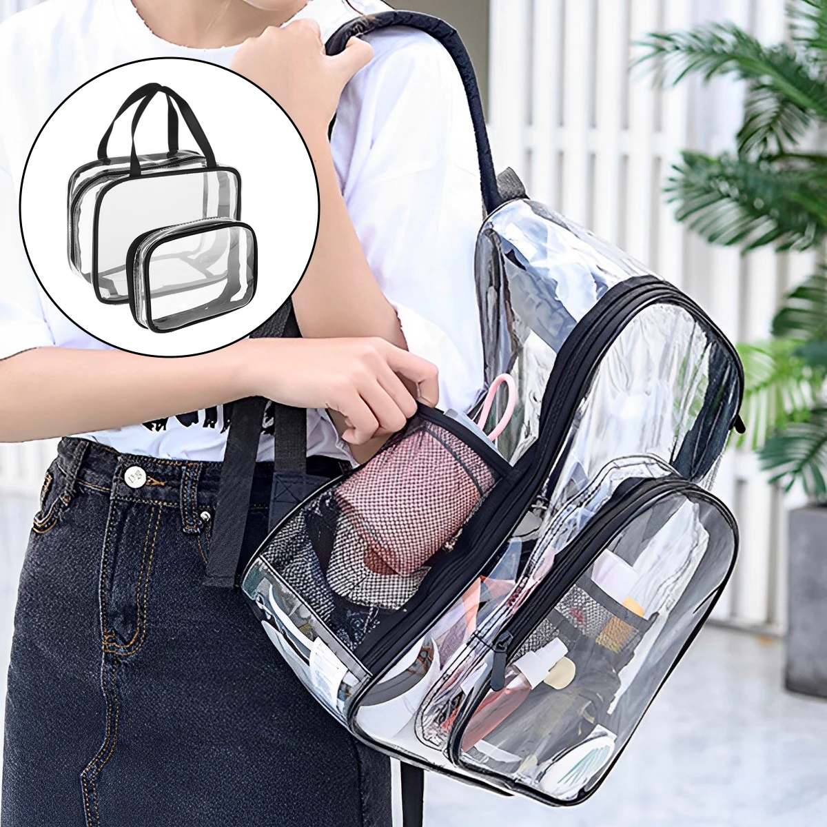 

3 Pcs Clear Backpack Set with Compartment Heavy Duty Stadium See Through Bookbags Waterproof PVC Transparent School Bag Large