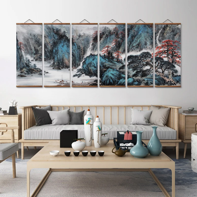 

AS2026 Chinese Landscape Decorative Wall Art Canvas Posters Solid Wood Scroll Paintings
