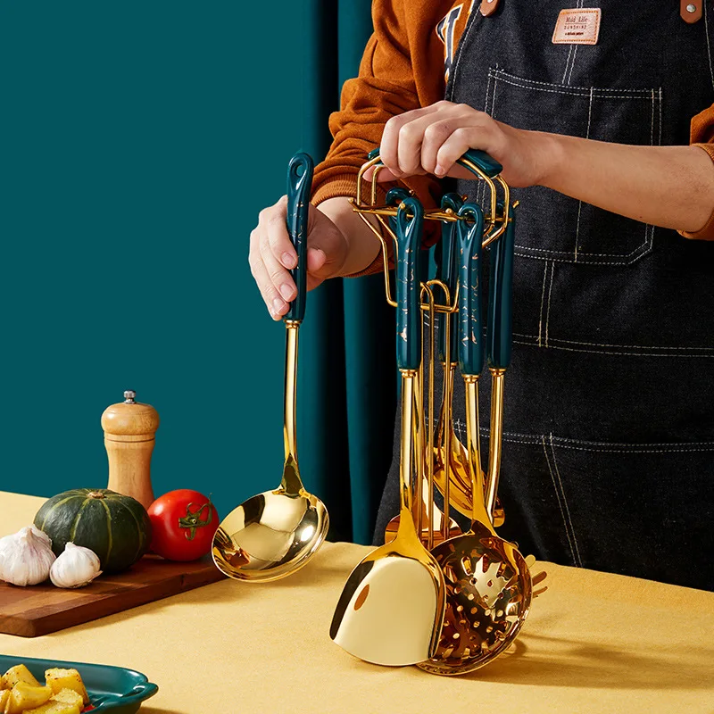 Темно-зеленые золотые кухонные горшки набор посуды из нержавеющей стали