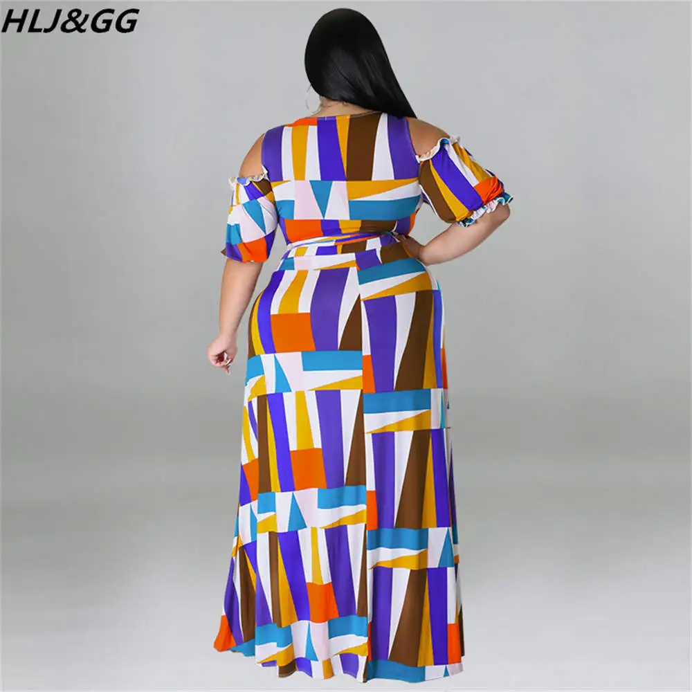 HLJ&GG Fashion Geometric Print Two Piece Sets Women Deep V Off Shoulder Crop Top+Long Skirts Outfits Plus Size Female 2pcs Suits
