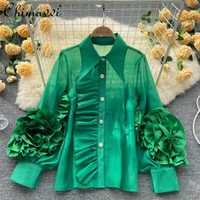 new spring and summer diamond button ruffled long sleeve blouses candy color elegant womens loose shirts blusas fashion tops