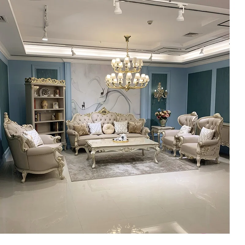 

Европейский кожаный диван, сочетание массива дерева, двусторонняя резная роскошная вилла, большой диван для семьи, гостиной