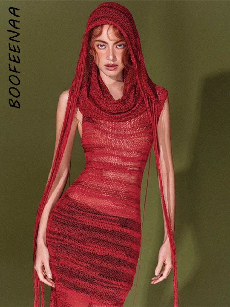 

BOOFEENAA Длинные платья без рукавов с капюшоном красное черное прозрачное трикотажное платье уличная одежда Y2k одежда сексуальная женская одежда