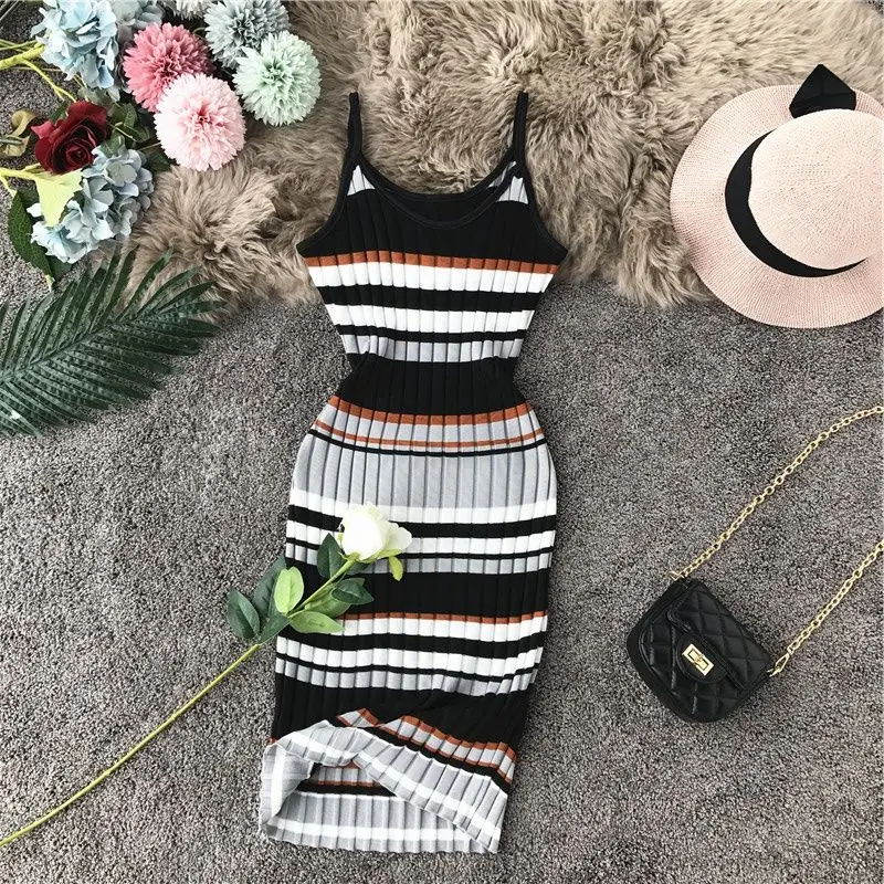 

Slash Neck Off-shoulder Sleeveless Vest Dresses Y2k Aesthetic High Street Vestidos Stripe Contrast Color Patchwork Robe Femme