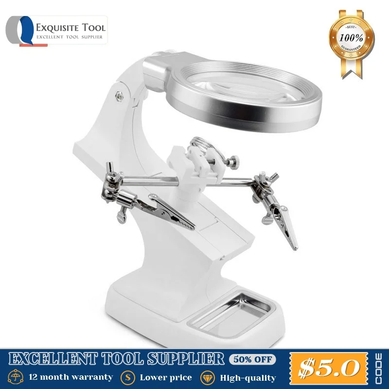 

Welding Magnifying Glass Third Helping Hand Auxiliary Clip Loupe Desktop Desk Magnifier Soldering Repair Tool With LED Lights