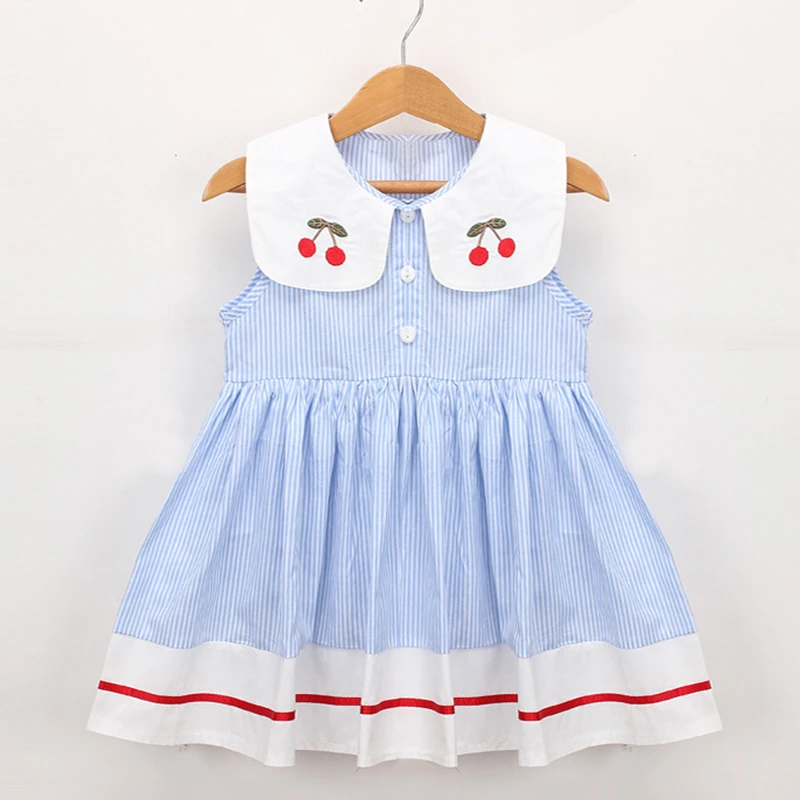 New Summer Embroidery Cherry Turn-down Collar Sleeveless Striped Dress Cotton Infant Princess Dress Toddler Girls Clothes