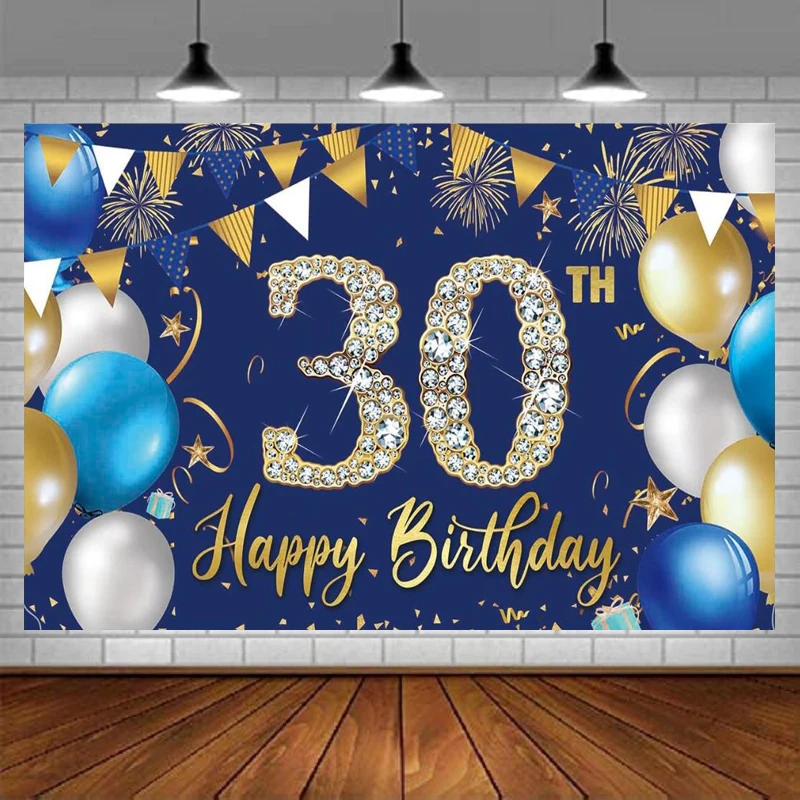 

Фотофон для мужчин Синий Золотой воздушный шар фон с днем 30 лет 30 день рождения украшения для вечеринки баннер знак плакат