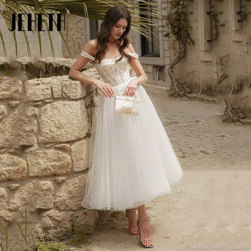 

JEHETH Charming A-Line Wedding Dress 2023 Short Sweetheart Off The Shoulder Tea-Length Bridal Gowns Custom Made Vestido De Noiva
