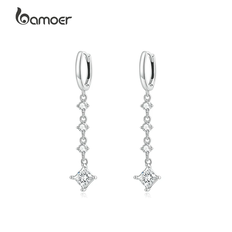 

Bamoer, 100% чистое серебро 925 пробы, нежный сверкающий кубической формы циркониевый Висячие серьги для женщин, элегантные вечерние ювелирные из...