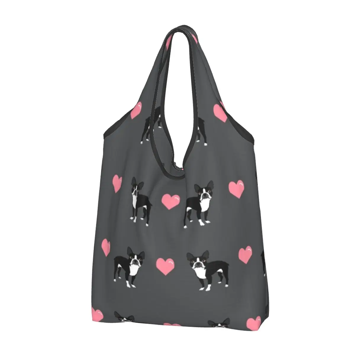 

Женская Повседневная сумка для покупок Boston Terrier, вместительная сумка-тоут с сердечками, портативная складная сумка для хранения