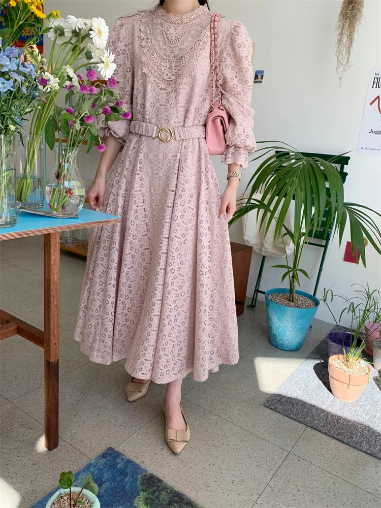 

Женское кружевное платье с поясом, Элегантное Длинное вязаное платье во французском ретро-стиле с длинными рукавами, весна-лето 2023