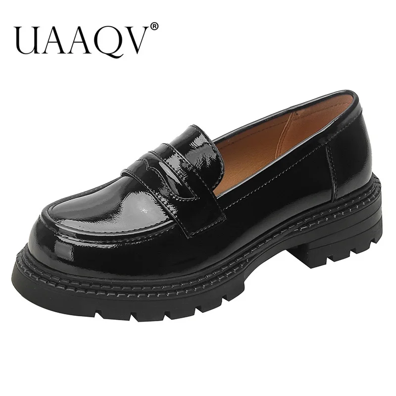 

UAAQV Women Loafers Shoes Patent Leather Thick Heels Pumps Round Toe Causal Med Heel Ladies Footwear Spring Autumn Black