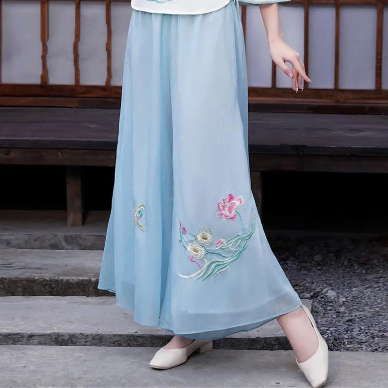 Embroidery Floral Women Wide Leg Pants 2023 New Chinese Style Summer High Waist Capris Loose Pant Retro Clothing YCMYUNYAN