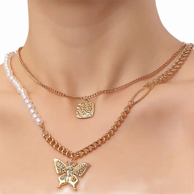 

Двухслойное жемчужное ожерелье в стиле панк, Золотая Бабочка, кулон, ожерелья, женская мода, цепочка стразы, ювелирные изделия для женщин, по...