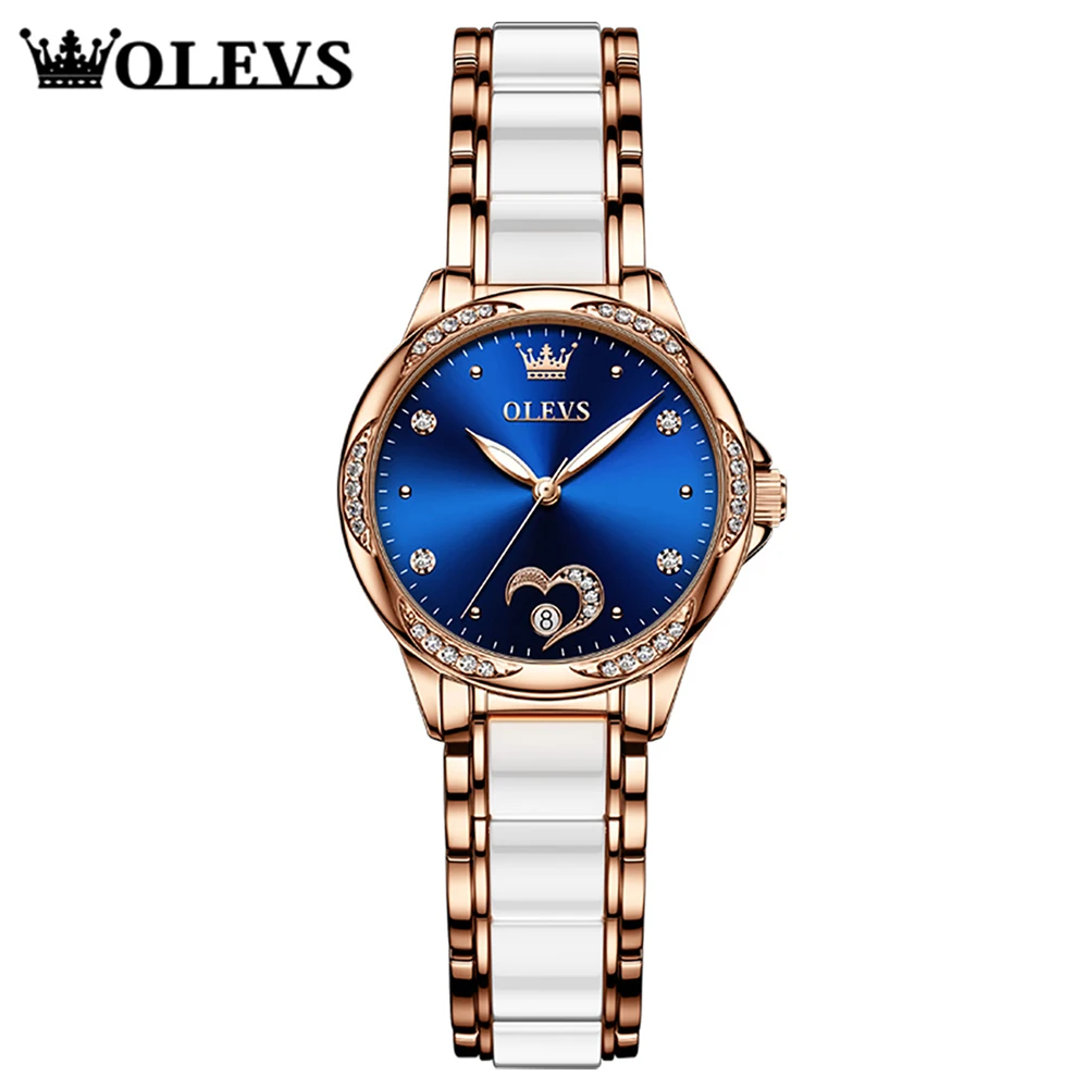 

OLEVS Female Mechanical Watches Women Watch Automatic Movement Diamond Fashion Ladies Wristwatch Heart Small Ceramic Strap Blue