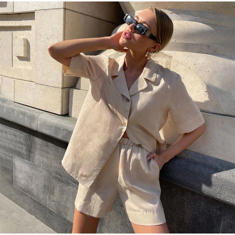 

Рубашка с коротким рукавом и шорты, комплект из двух предметов, женская одежда, однобортный Топ с V-образным вырезом, повседневный женский ко...