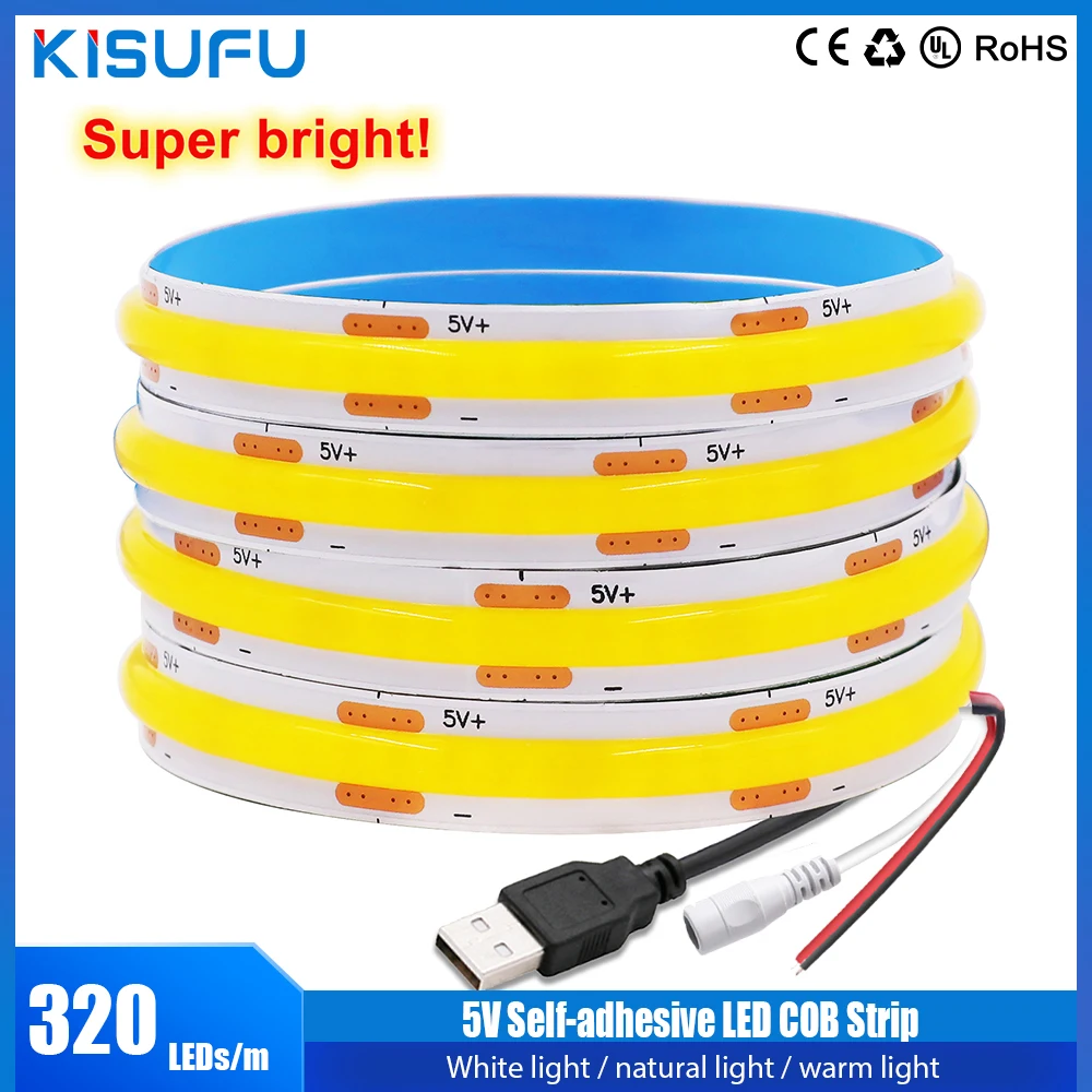 DC5V USB COB Led Streifen Licht 8MM PCB Flexible Klebeband 320LEDs/m TV Hintergrund Beleuchtung Nacht Lampe 1- 5m Mit DC/2Pin Draht