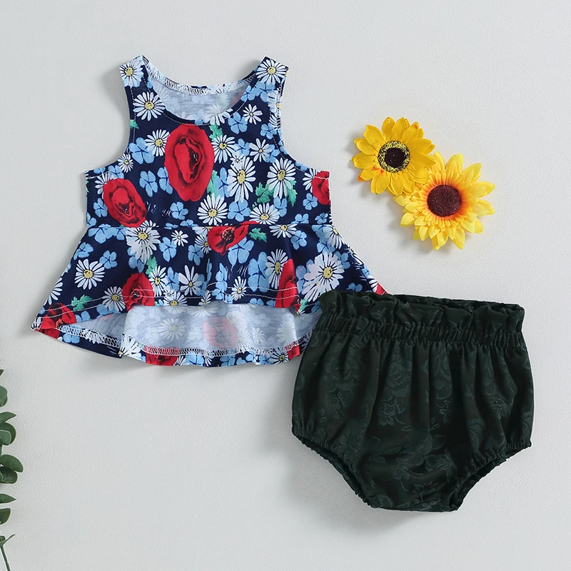 

Infant Baby Girls Summer Clothes Outfits Sleeveless Floral Ruffle Hem Tank Tops+PP Shorts Cute Toddlers 2Pieces Sets 0-24M