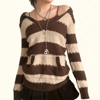 sunny y j crochet v neck women striped sweater grunge brown hooded vintage knitted sweater long sleeve winter jumper pull retro