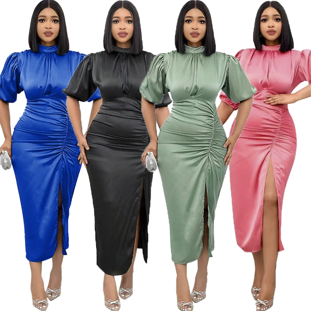 

African Dresses for Women Sexy High Neck Irregular Satin Party Dress Elegant Short Sleeve Solid Mujer High Slit Evening Clubwear