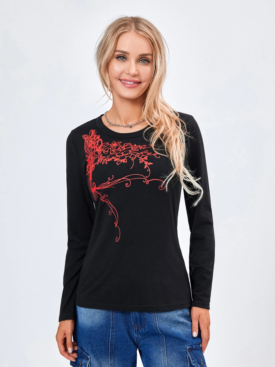 

New Womens Vintage Graphic Tops Casual Long Sleeve Round Neck Slim Fit T-Shirts Streetwear Grunge Tops Skin-Friendly Hot Sale