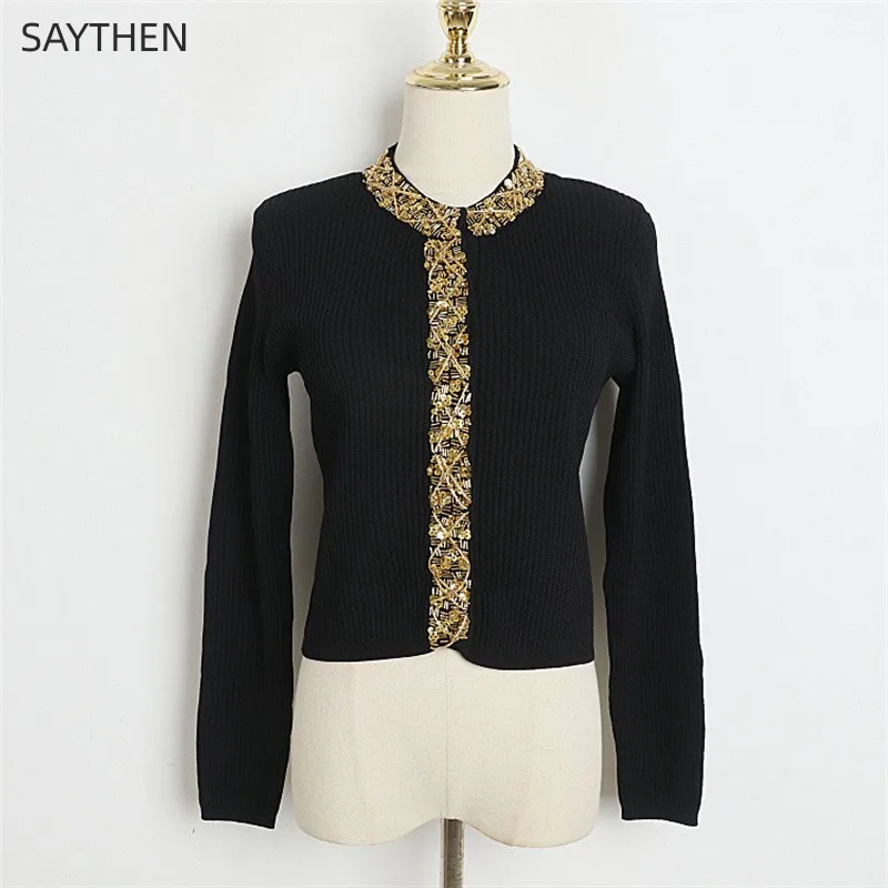 

SAYTHEN 2023 женский осенне-зимний однотонный английский стиль Кардиган Новый вышитый бисером эластичный облегающий короткий длинный рукав вязаный Топ