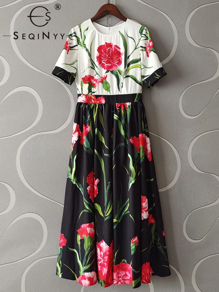 

SEQINYY Sicily Midi Dress Summer Spring New Fashion Design Women Runway High Street Beading Vintage Flowers Print A-Line Elegant