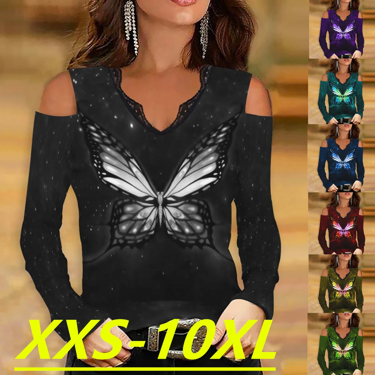 

Snake YX Women's Autumn Print Casual Fashion Lace V-Neck Off Shoulder Long Sleeve Top Plus Size XXS-10XL