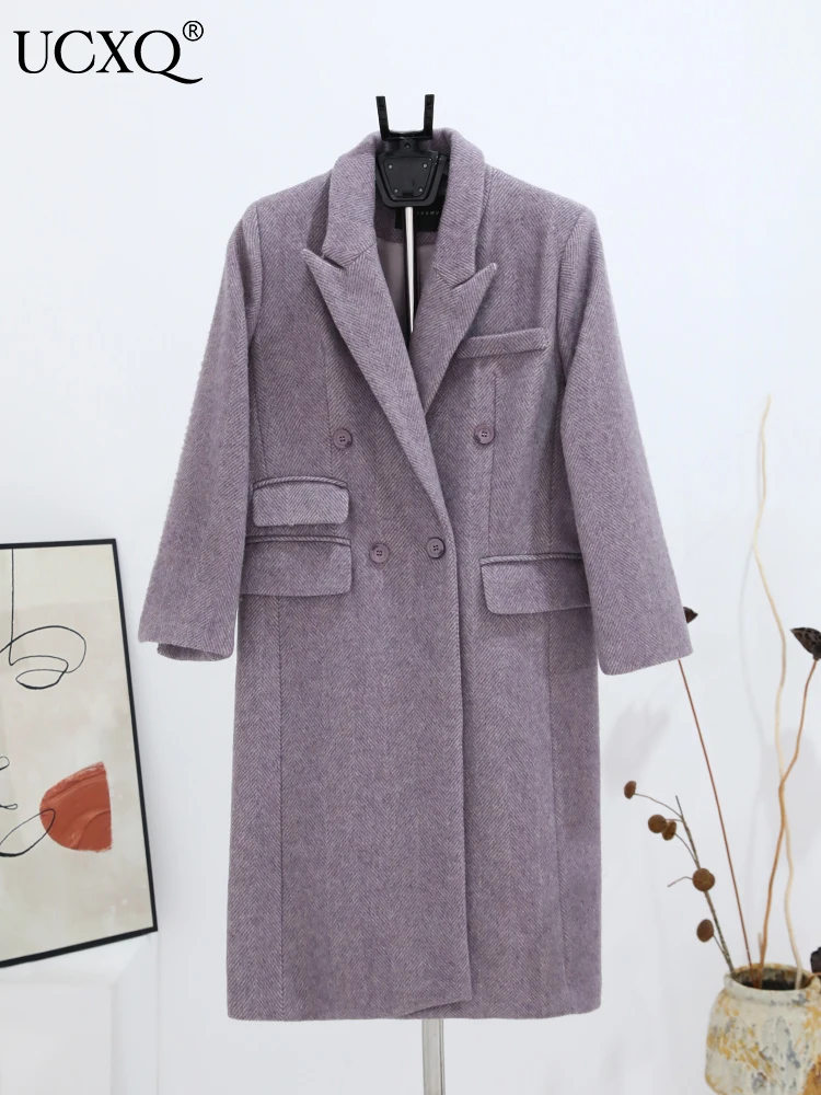 

Шерстяная куртка UCXQ, Новинка осени 2023, высокое качество, двубортное длинное пальто с отложным воротником, Повседневная Свободная фиолетовая шерстяная Верхняя одежда 23A2448
