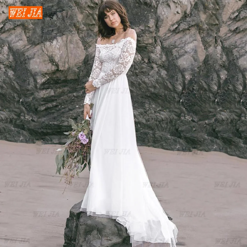 

Elegant Lace Applique Wedding Dress 2022 Bride Beach Long Sleeves Bridal Gowns Off The Shoulder Strapless Boho Country