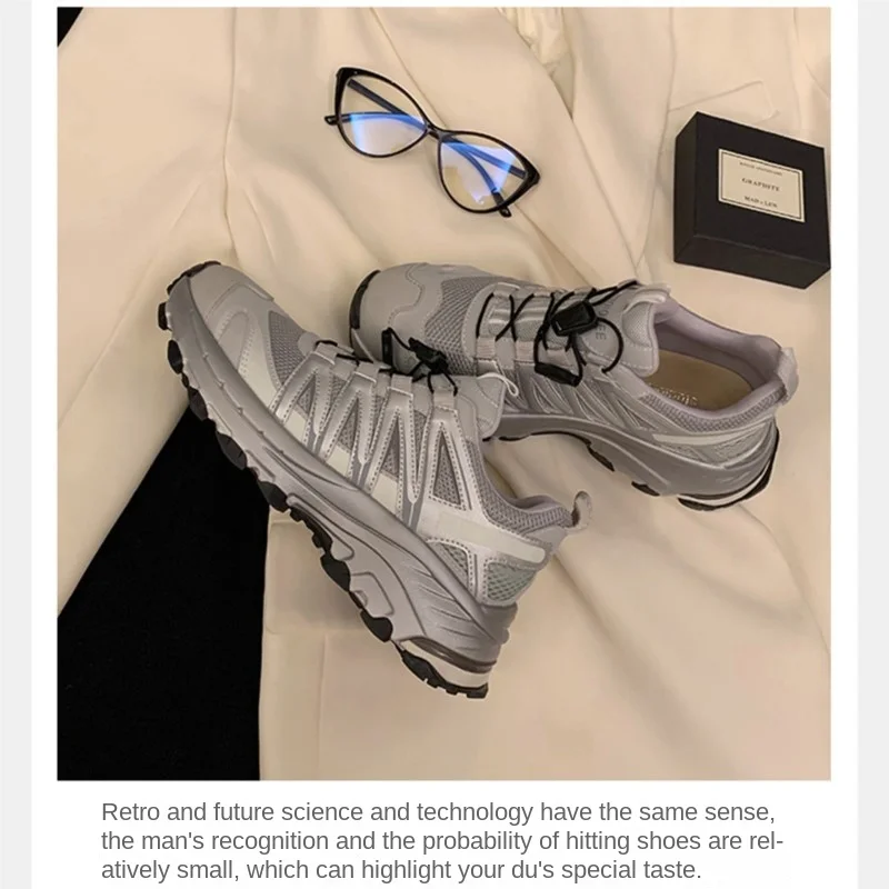 Round Toe Patchwork Breathable Hiking Shoes Dad Shoes Thick Soles Elevated Casual Sports Shoes New For Spring And Autumn 2023