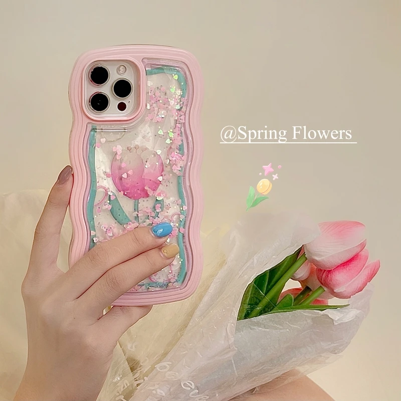 

Korea Cute Pink Tulip Flower Liquid Quicksand Phone Case For iPhone 11 12 13 Pro Xs Max Xr X Shockproof Soft TPU Cover Coque