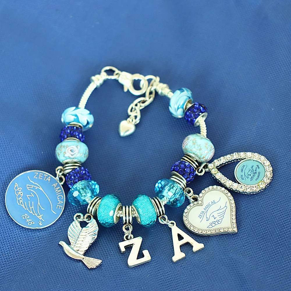 Браслет с удлинителем ZETA Amicae голубые бусины основанные на заказ греческие буквы
