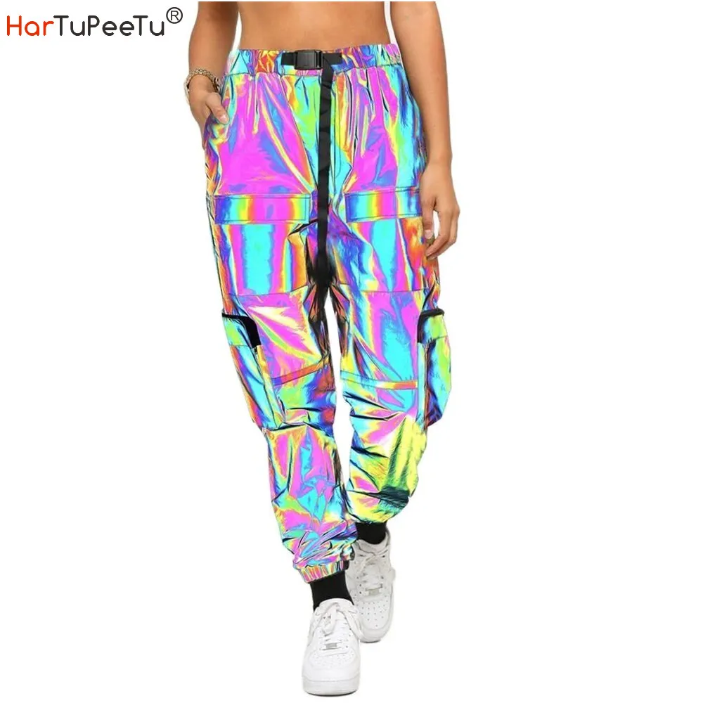 

Reflective Cargo Pants Women 2022 Colorful Jogger Tactical Pants with Belt More Pockets Long Loose Girls Night Safety Trousers