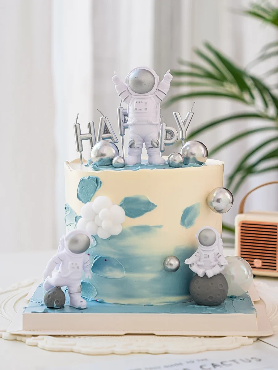 

Universe Astronaut Happy Birthday Letter Topper Cake Soft Clay Stars Rocket Flag Decoration Supplies Dessert for Children's Day