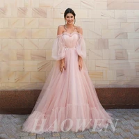 haowen puffy sleeve evening dresses off shoulder appliques pleat ruched elegant party prom gown floor length